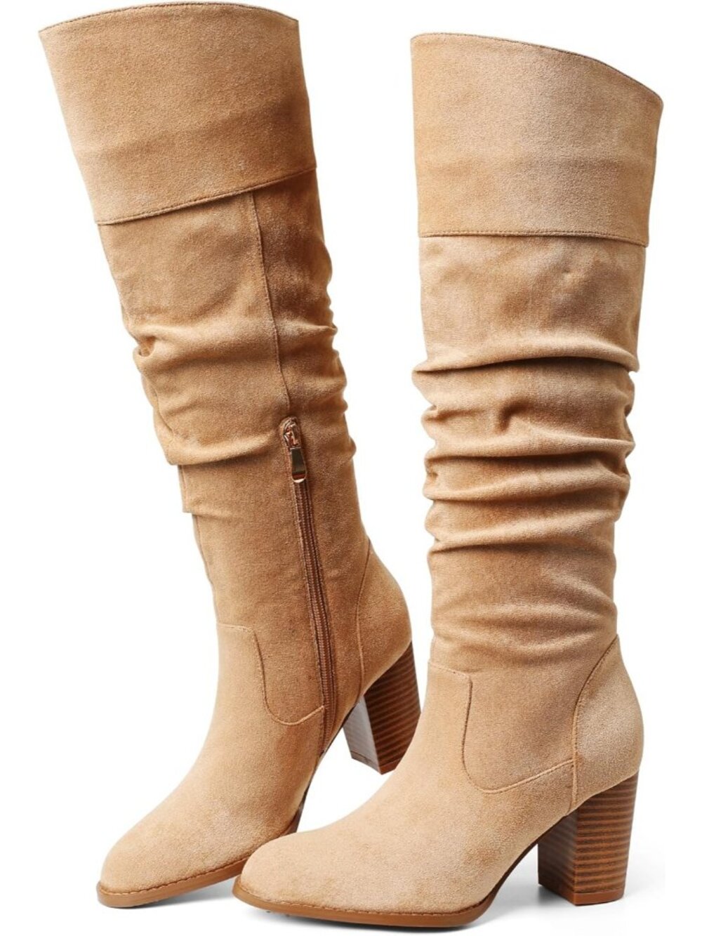 Women's Apricot Suede Slouch Knee High Boots Chunky Heel Tall Boots Round Toe